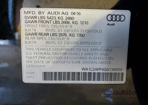2016 Audi Q5 Premium Plus z USA, uszkodzony, nr VIN WA1L2AFP4GA136955